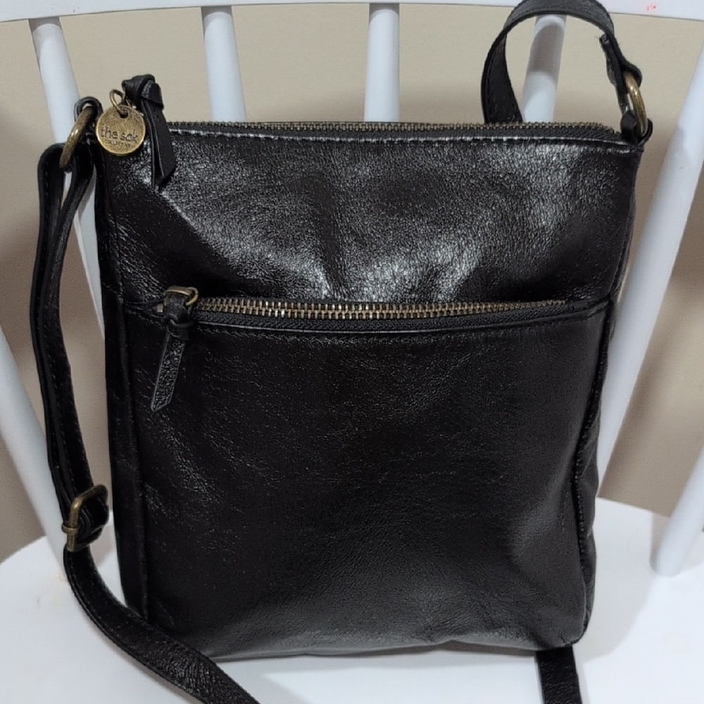 The Sak Black Leather Crossbody Purse with Front Zip Pocket